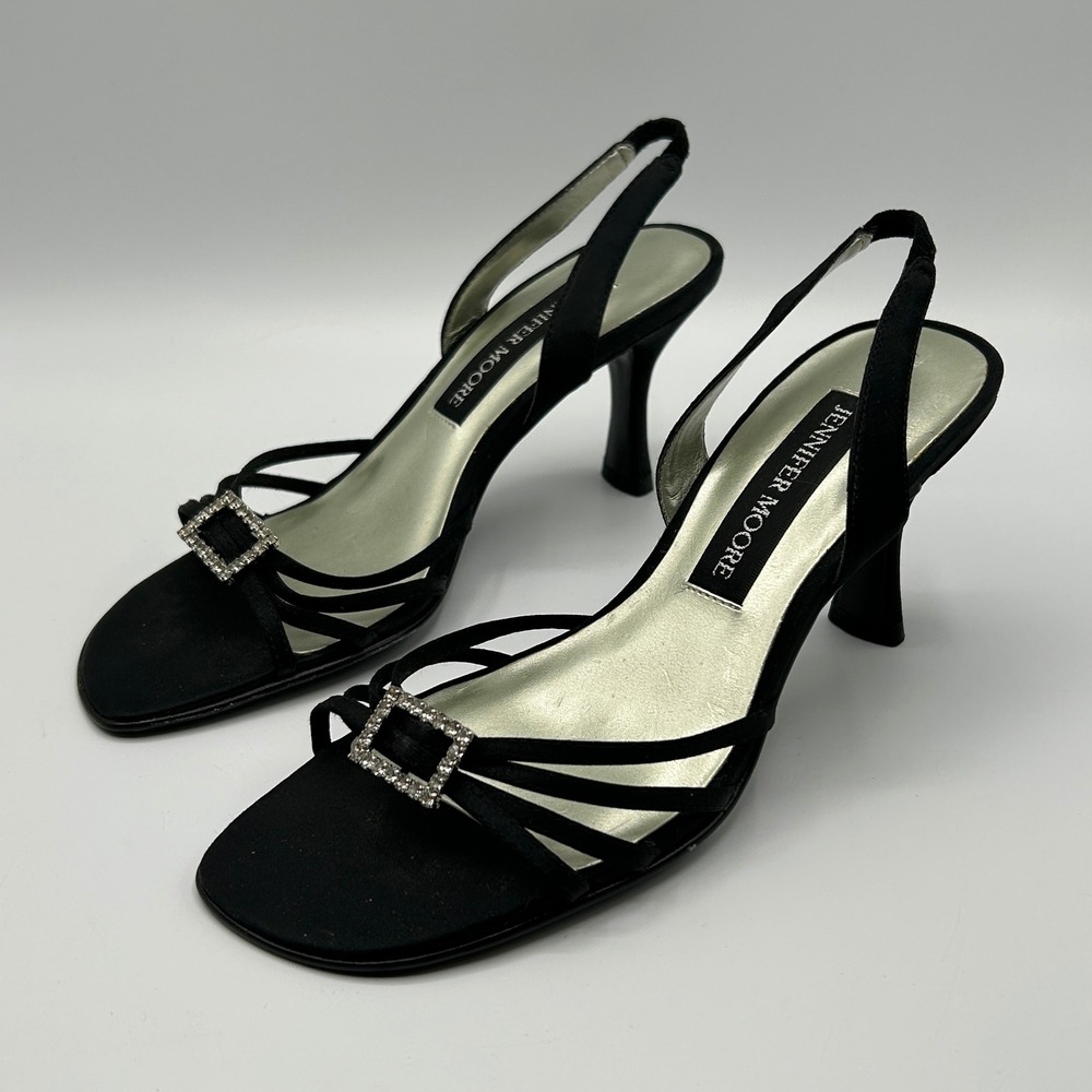 Jennifer Moore Envy Black Satin Rhinestone Slingback Heels 5M Formal Party Prom